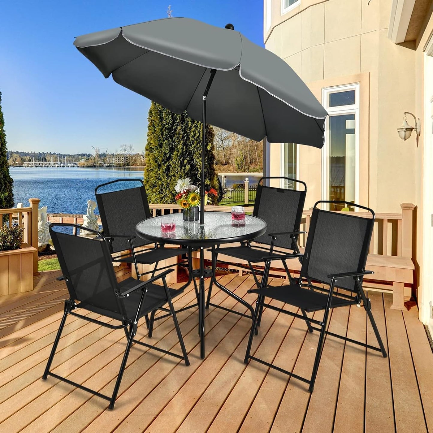 GiantexUK 6 Piece Garden Dining Set, Metal Frame Patio Bistro Set with Tempered Glass Table, 4 Folding Chairs & Parasol Umbrella