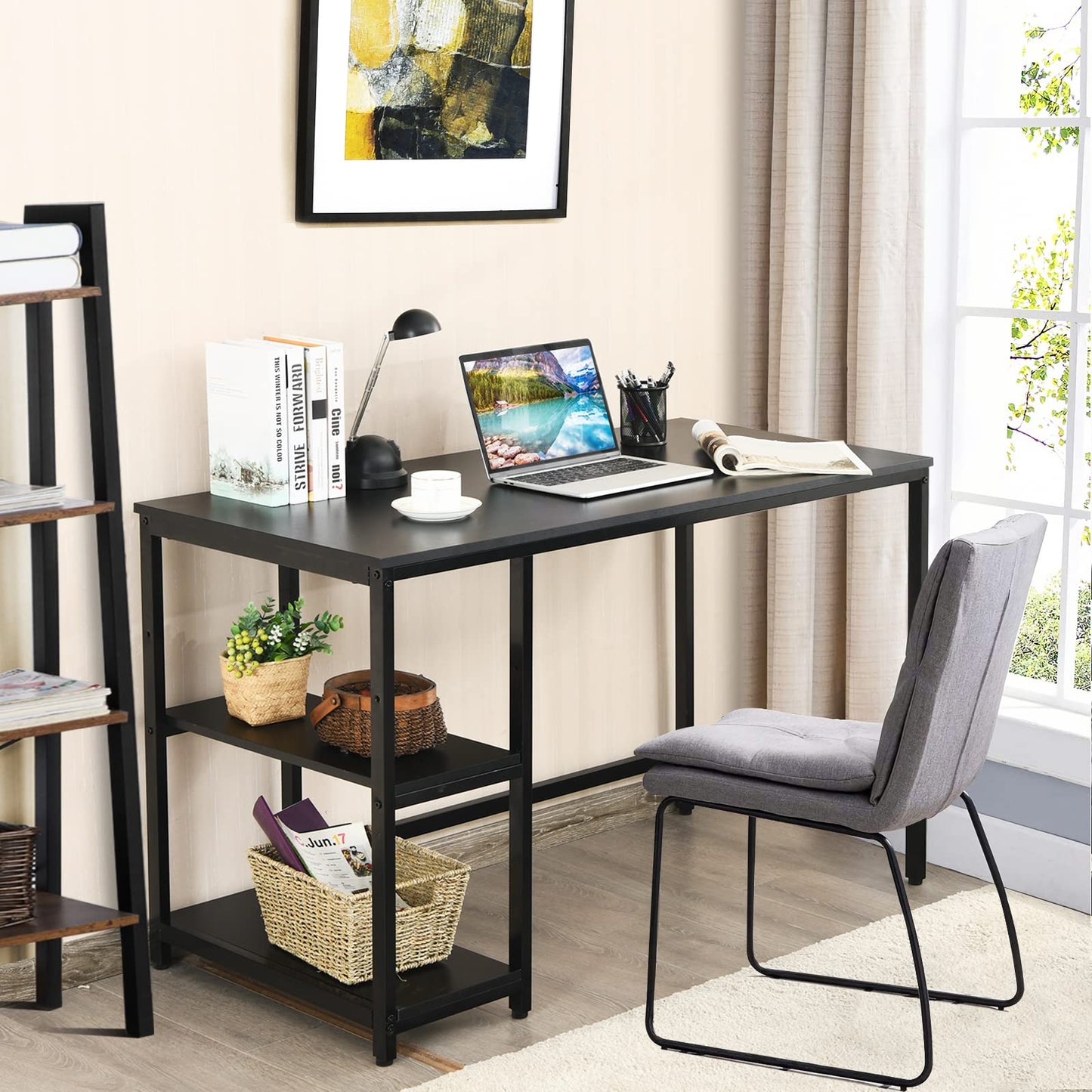 Computer Desk, Industrial Writing Workstation PC Laptop Table with 2-Tier Storage Shelves