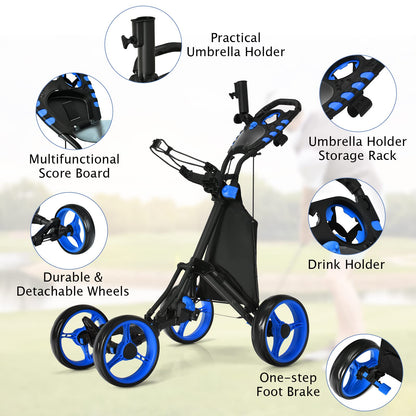 4 Wheel Golf Trolley, Lightweight Folding Golfs Push Pull Cart with Adjustable Height Handle, Umbrella Stand, Cup Holder and Foot Brake