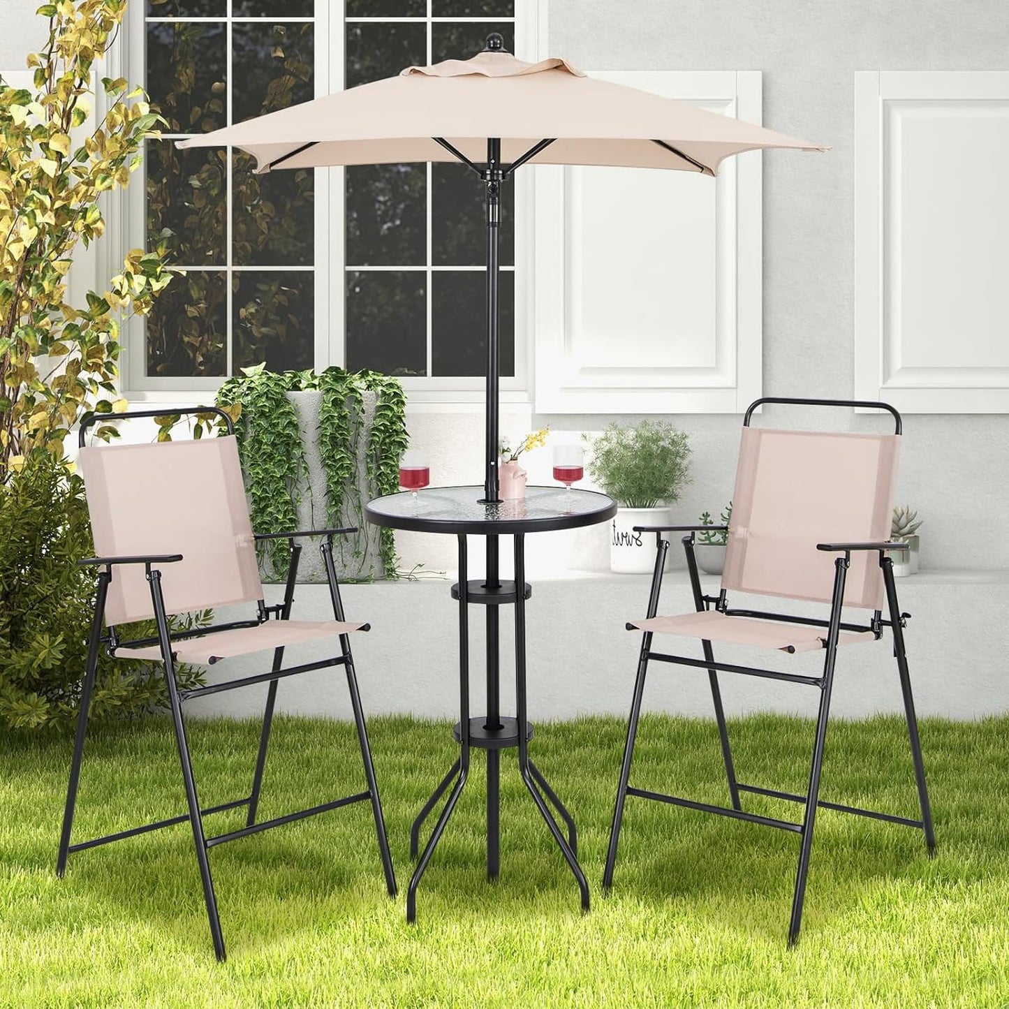 GiantexUK 4 Piece Folding Patio Bistro Set, Patio Conservatory Set with Tempered Glass Tabletop & Umbrella Hole (4PCS, With Parasol)