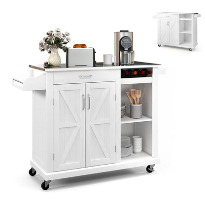 GiantexUK Kitchen Island on Wheels, Stainless Steel Worktop Kitchen Storage Trolley Cart with Drawer, Wine Rack