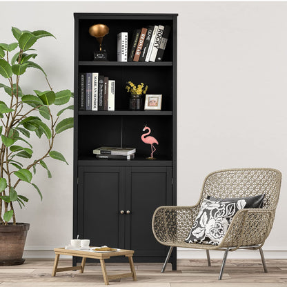 Wooden Storage Cabinet, Floor Standing Cupboard Tall Sideboard with 3-Tier Open Shelves and 2 Doors