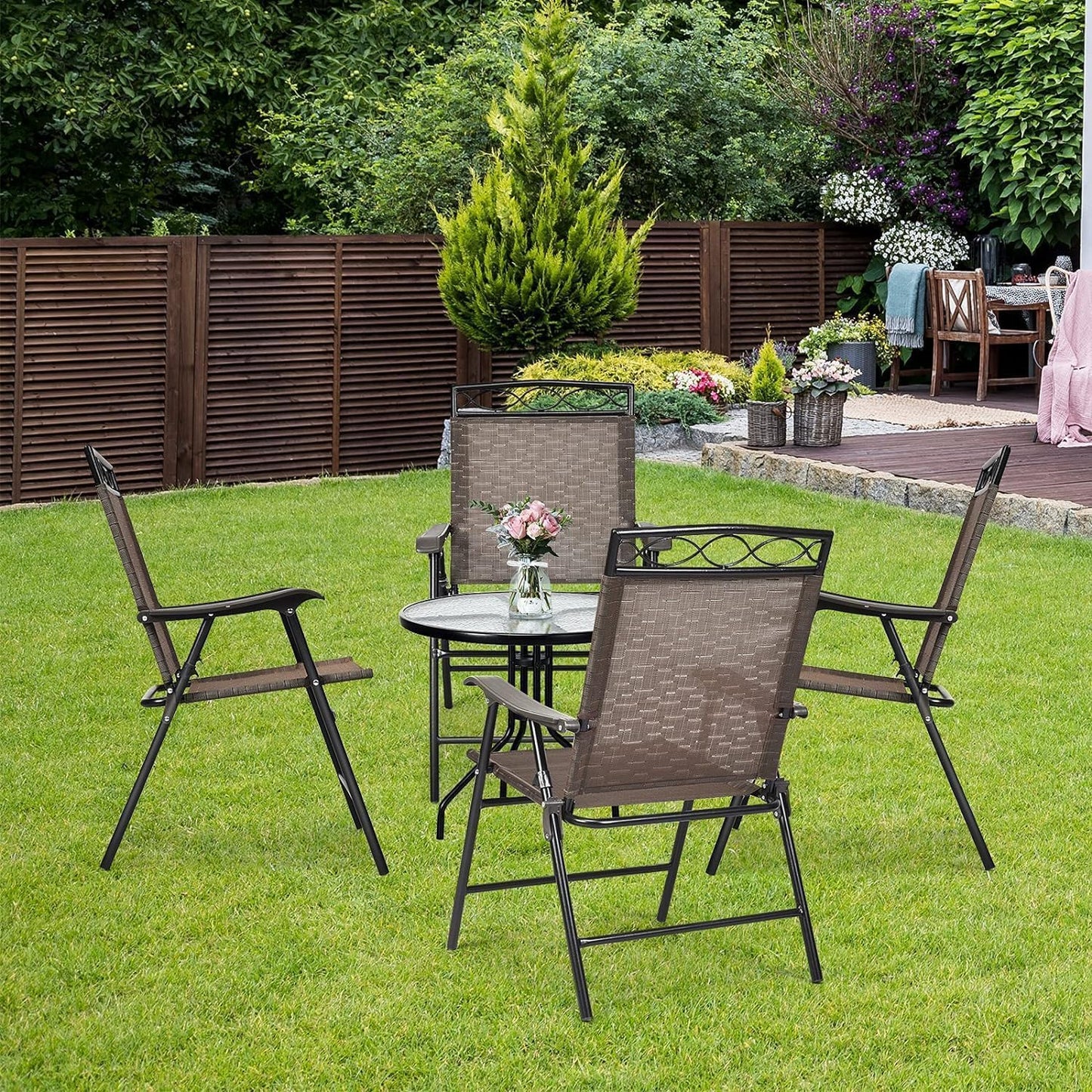 GiantexUK 5 Piece Garden Furniture Set, Patio Conservatory Set with 4 Folding Chairs and Tempered Glass Table