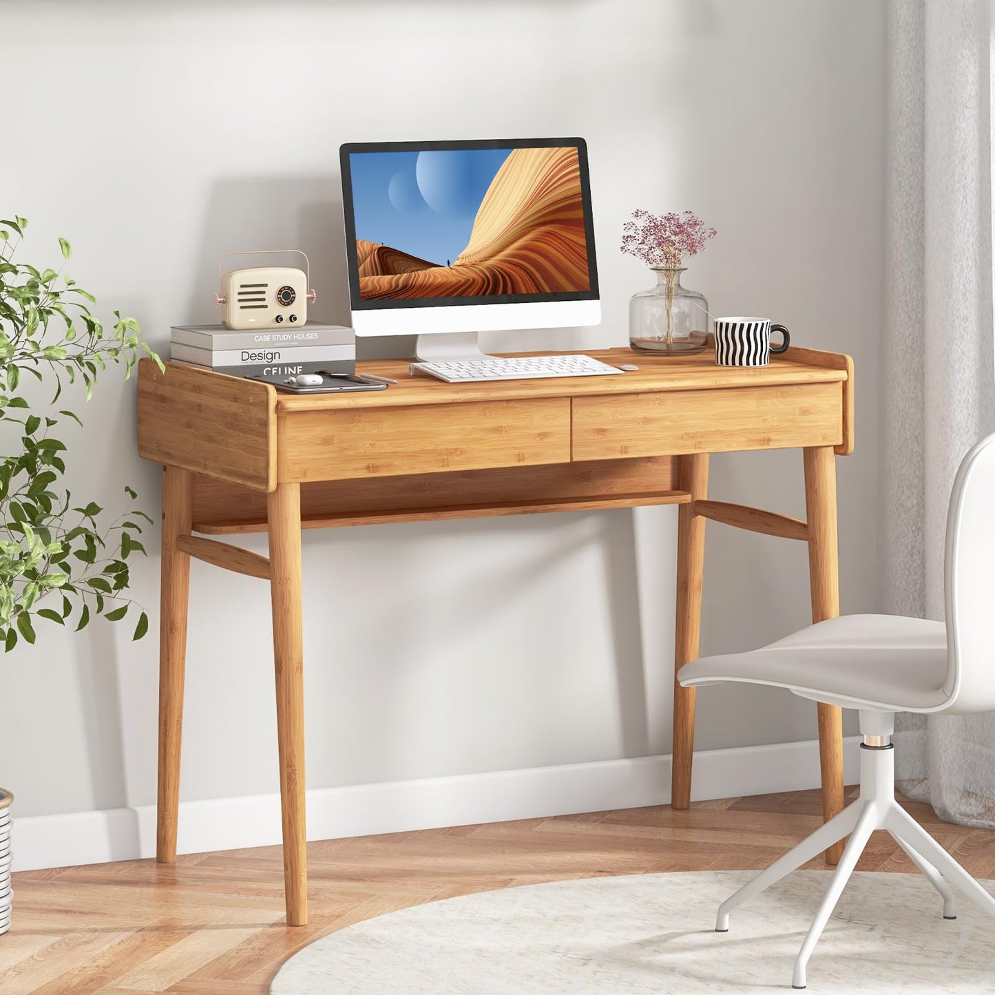 Bamboo Computer Desk, 100cm Study Table Writing Workstation with 2 Storage Drawers