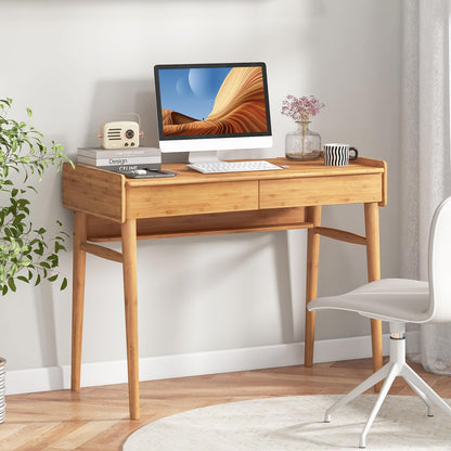 Bamboo Computer Desk, 100cm Study Table Writing Workstation with 2 Storage Drawers