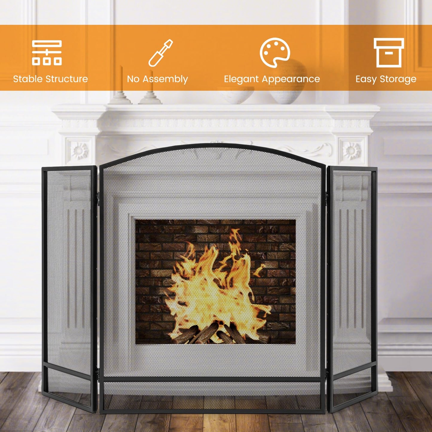 GiantexUK 3-Panel Folding Fire Guard, Metal Mesh Fireplace Screen (No Pattern, 123 x 74cm)