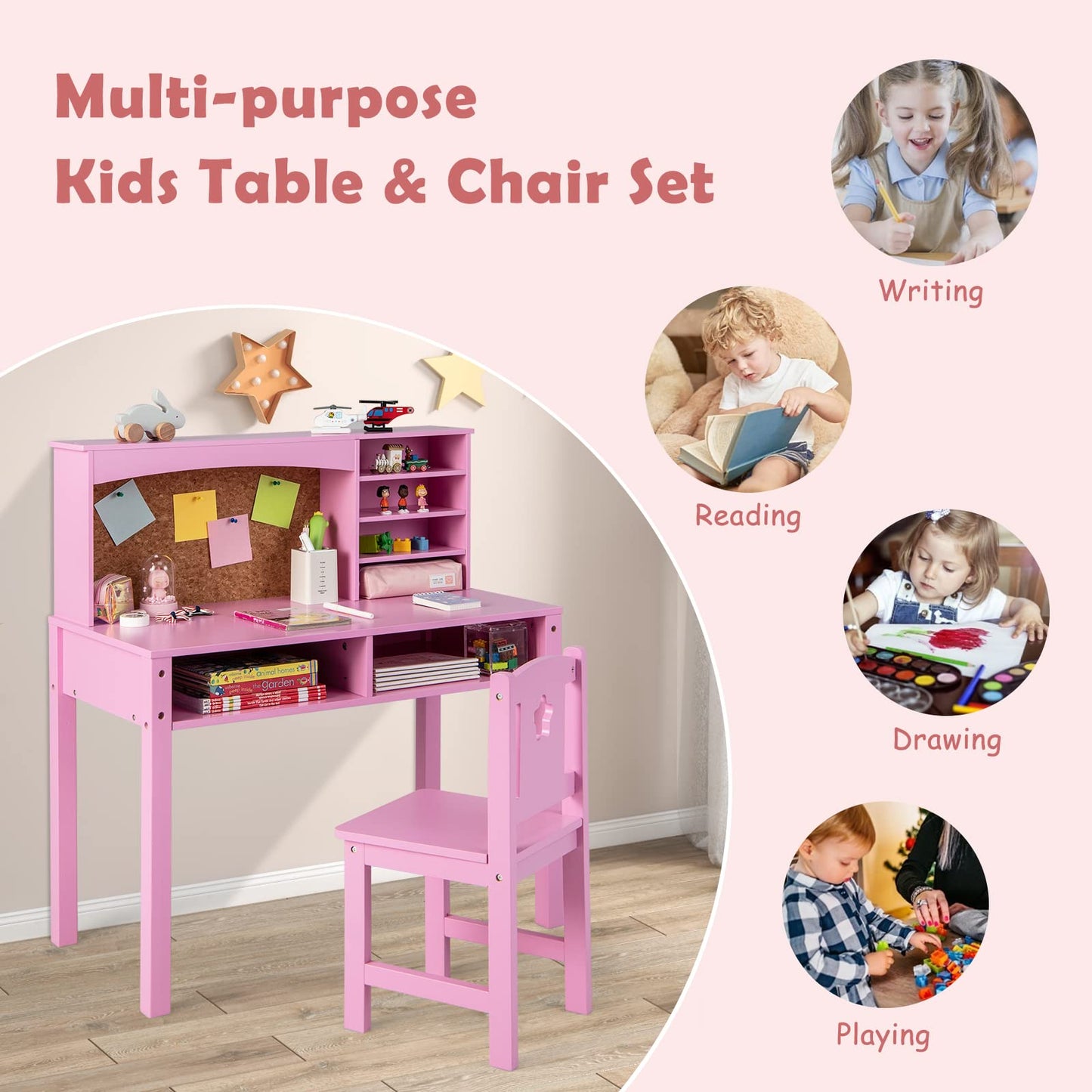 Kids Desk and Chair Set, Wooden Children Study Table with Hutch, Cork Board, Storage Shelves