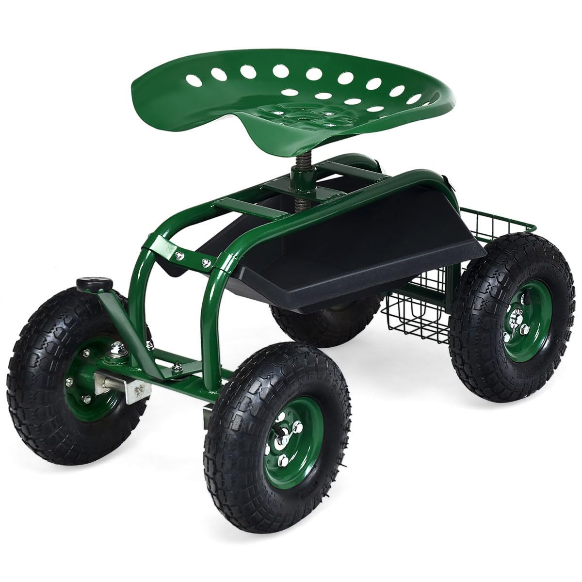 GiantexUK Adjustable Rolling Garden Cart, Swivel Gardening Trolley Planting Station Seat with Tool Tray & Basket