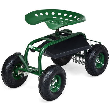 GiantexUK Adjustable Rolling Garden Cart, Swivel Gardening Trolley Planting Station Seat with Tool Tray & Basket