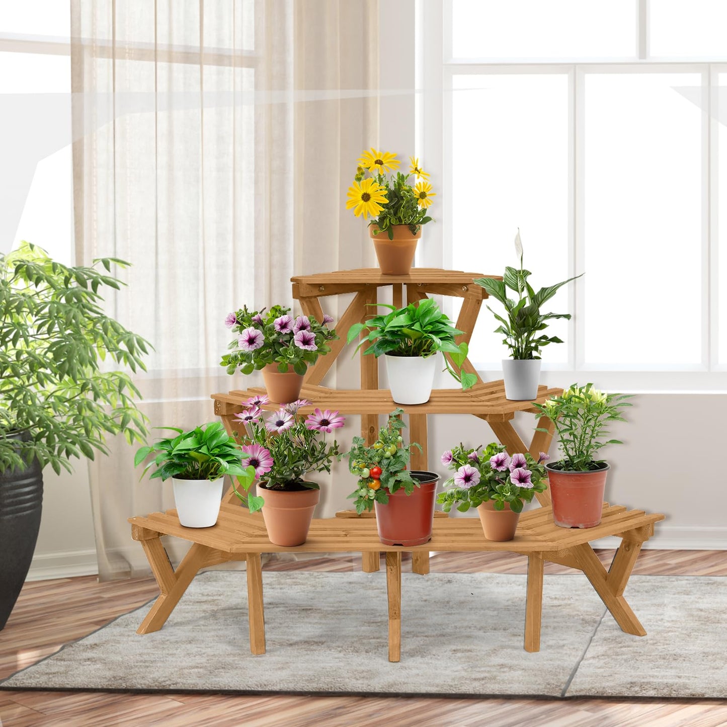 3-Tier Plant Stand, Freestanding Wooden Corner Ladder Flower Pots Rack