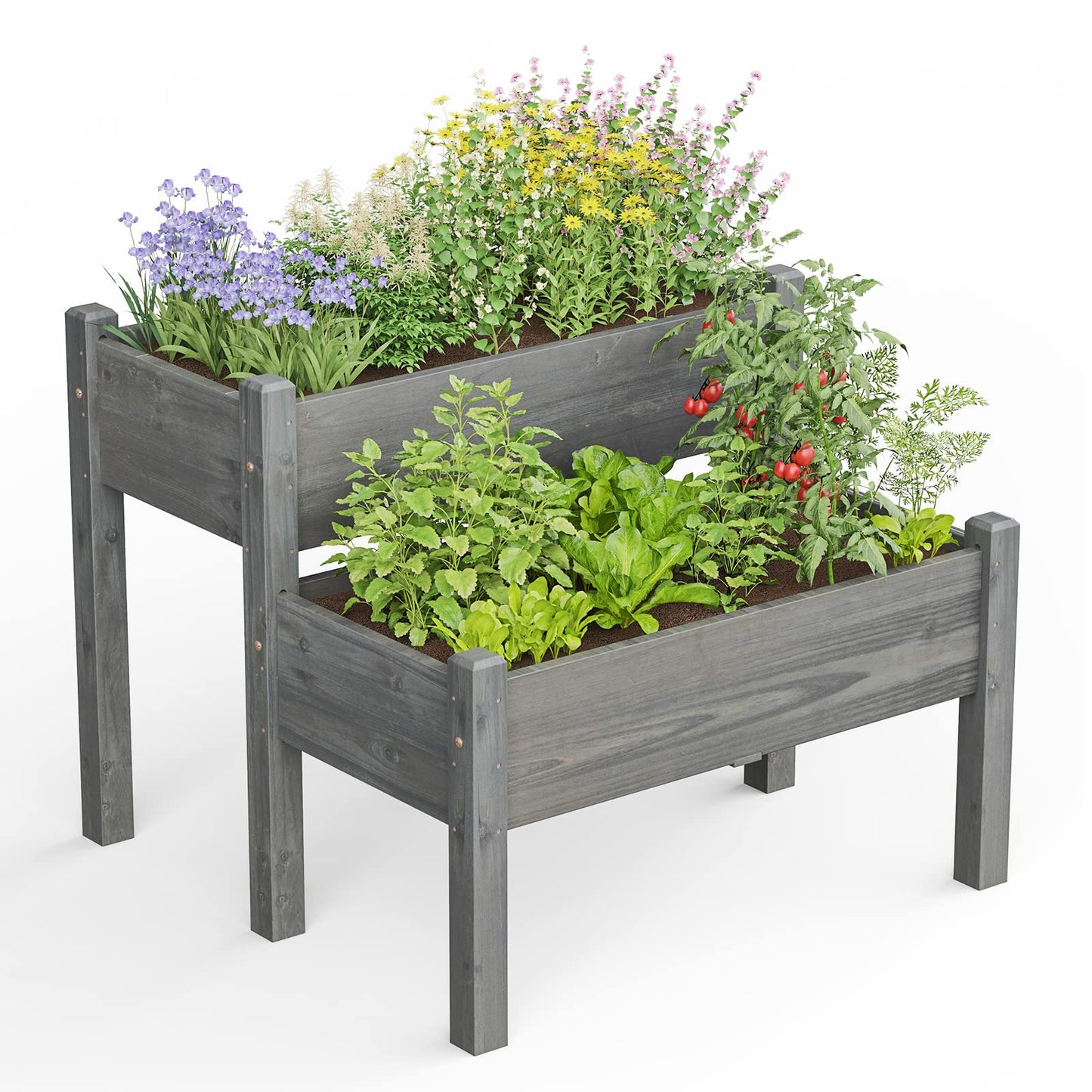 GiantexUK 2-Tier Raised Garden Bed, Wood Elevated Planter Box with Drainage Holes