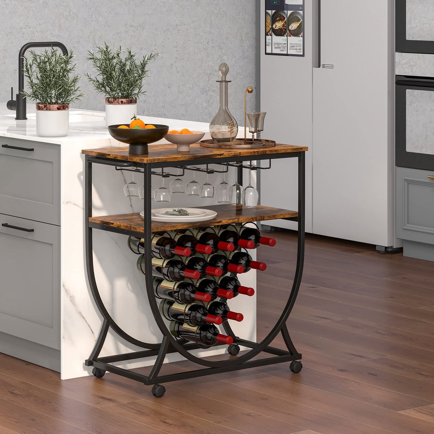 GiantexUK Drinks Trolley on Wheels, Rolling Storage Bar Cart with 2 Open Shelves, Wine Rack, Glass Holder and Handles