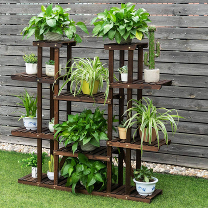 6 Tiers Wood Plant Stand, Multi Tier Flower Pot Holder with Wheels, Potted Plants Display Ladder, 125 x 25 x 114cm