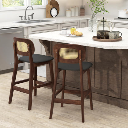 GiantexUK Bar Stools Set of 2, PU Leather Kitchen Barstools with PE Rattan Backrest, Footrests & Non-Slip Foot Pads