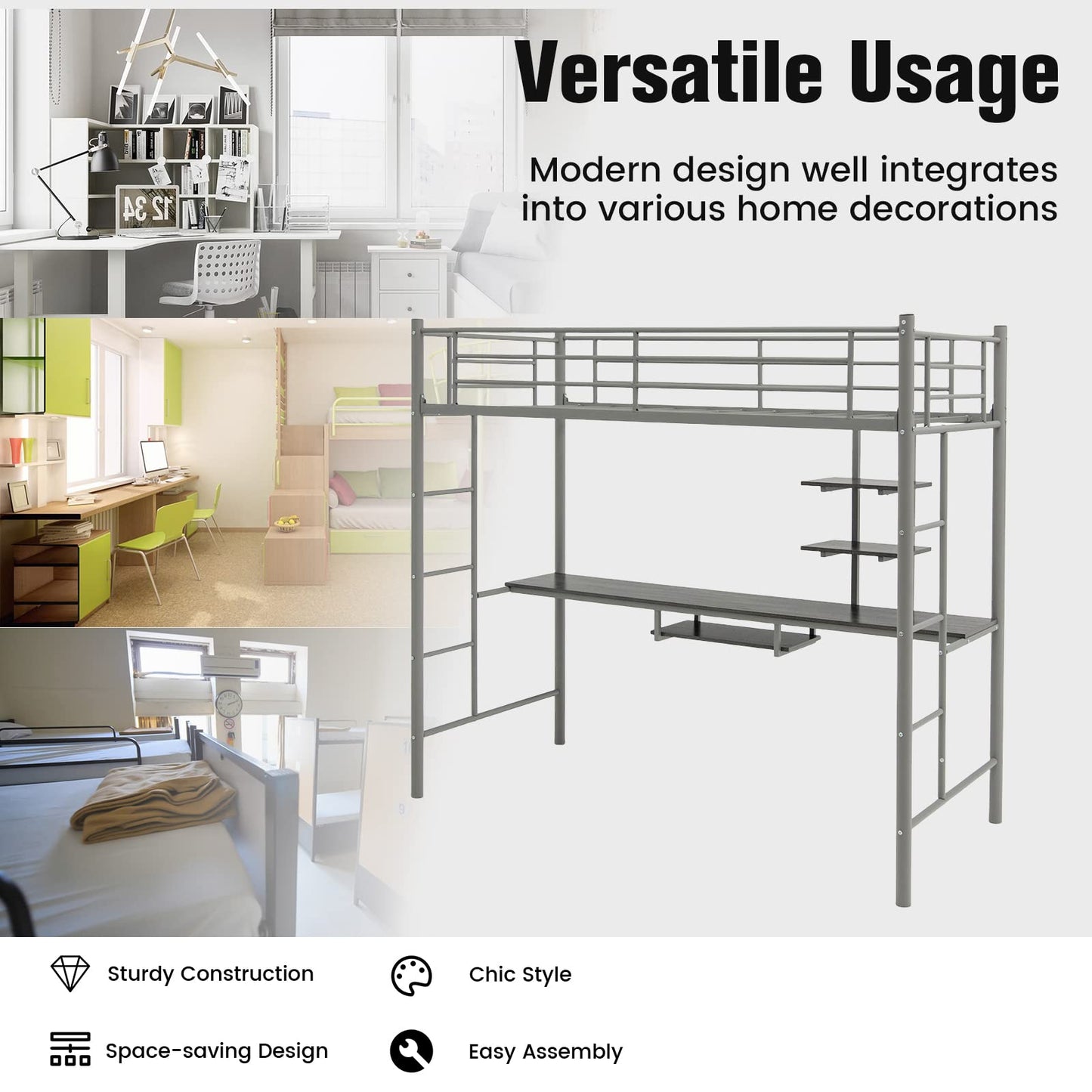 Single Loft Bed, 2-Ladders High Sleeper Bunk Bed with Desk & Safety Guardrail