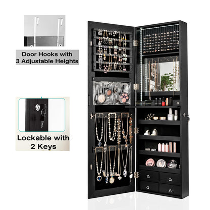 LED Lights Jewelry Cabinet, 2-In-1 Wall-mounted/Door Hanging Makeup Storage Armoire with Full Length Mirror