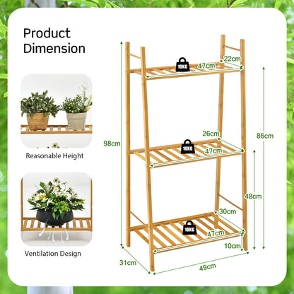 3 Tier Bamboo Plant Stand, Ladder Flower Pots Holder with Rear Bar, Freestanding Corner Plant Storage Display Shelf