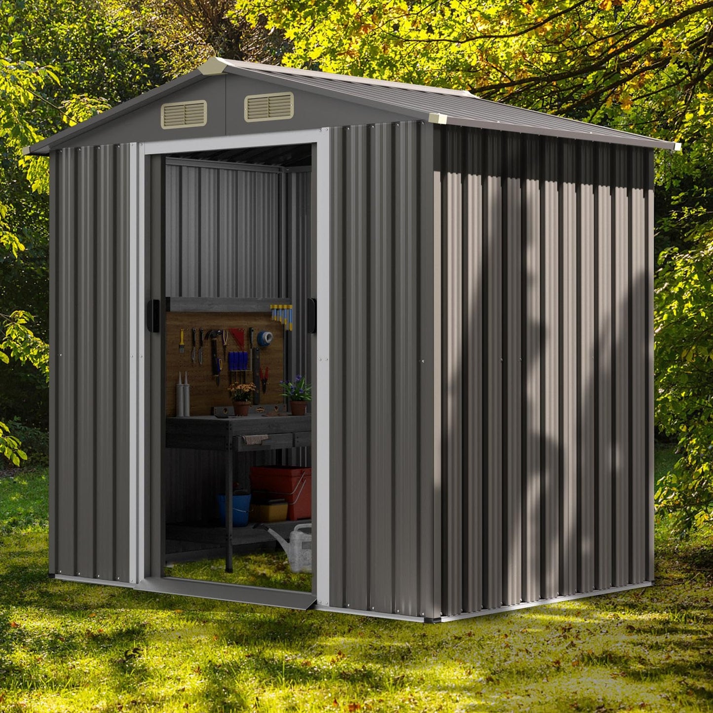 GiantexUK 6x4FT Metal Garden Shed, Outdoor Galvanized Storage House with 4 Air Vents & Lockable Sliding Doors