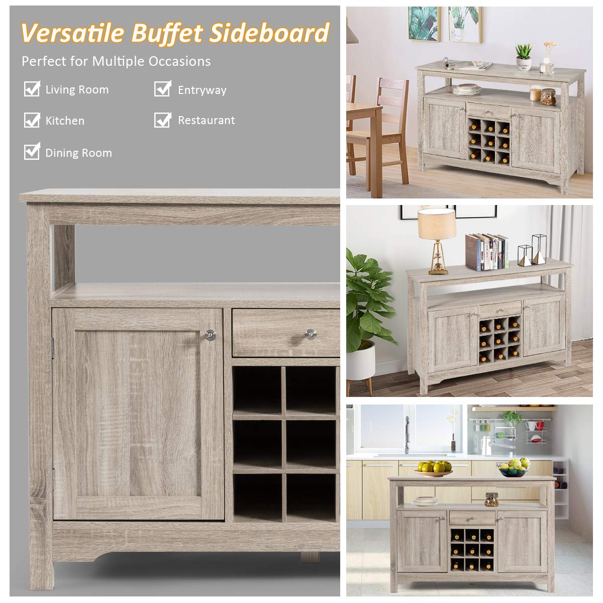 GiantexUK Wooden Buffet Sideboard, 2 Doors Kitchen Cupboard Cabinet with 9-Bottle Wine Rack