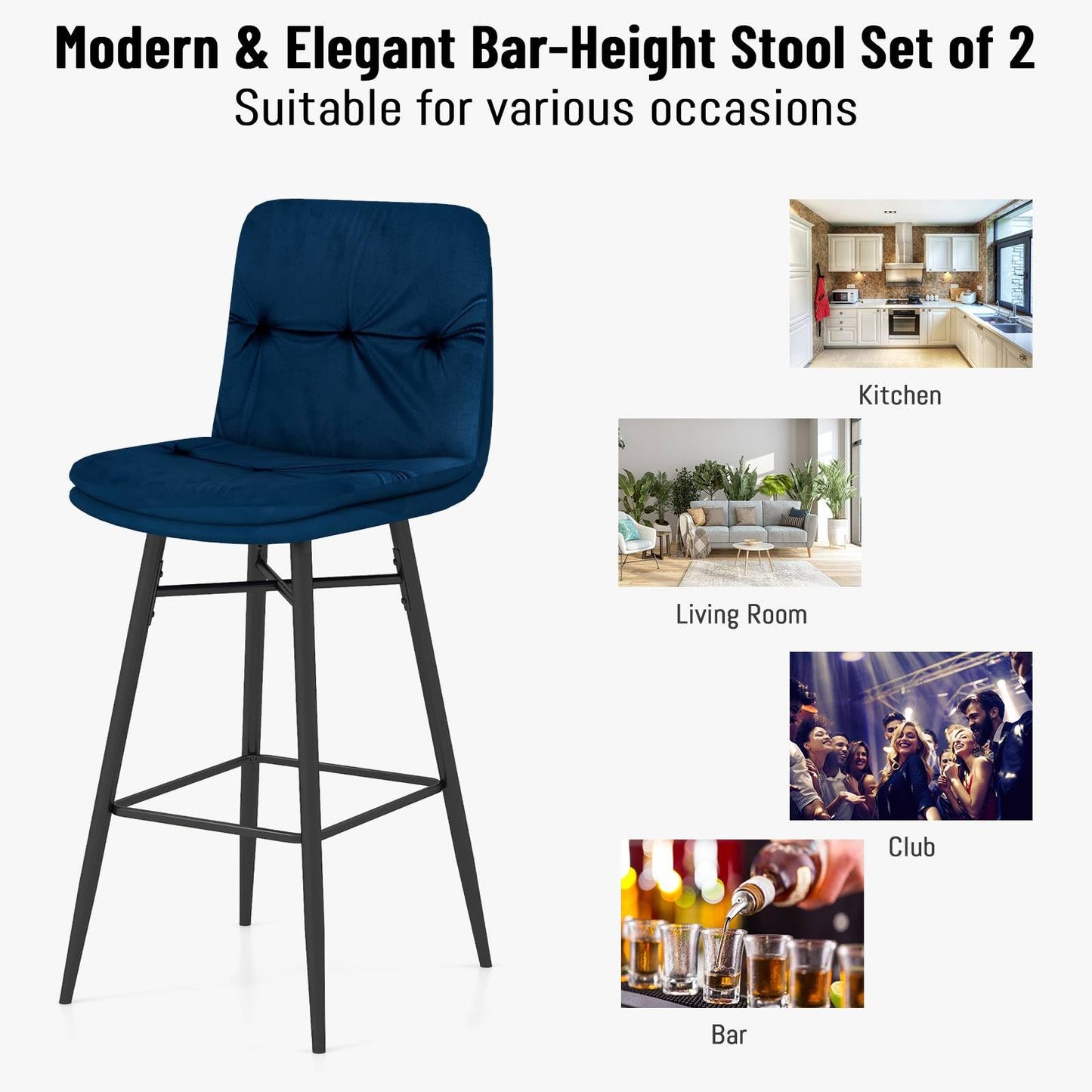 GiantexUK Bar Stools Set of 2, Velvet Upholstered Kitchen Barstools with Curved Tufted Back & Footrests