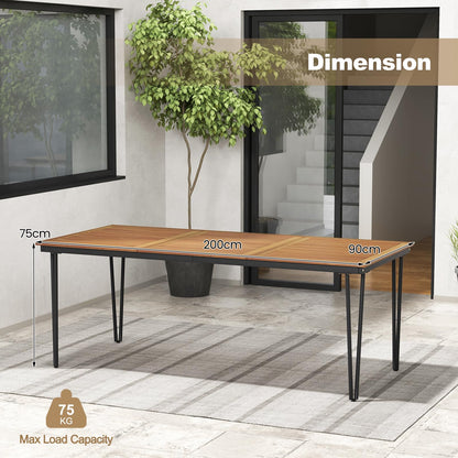 GiantexUK Outdoor Dining Table for 8, 200 x 90cm Acacia Wood Kitchen Table with Metal Legs, Umbrella Hole & Adjustable Foot Pads