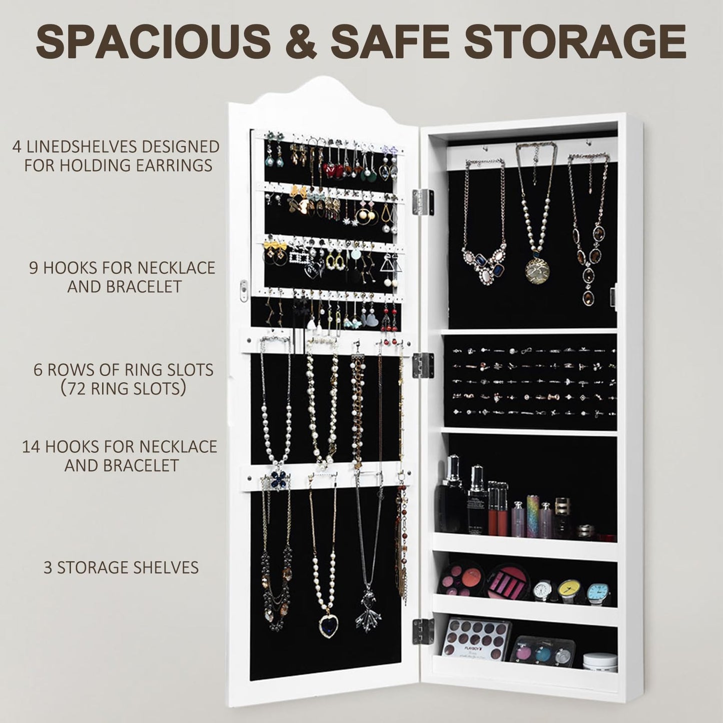 Jewellery Cabinet, Lockable Jewelry Armoire with Full Length Mirror and 3 Display Shelves