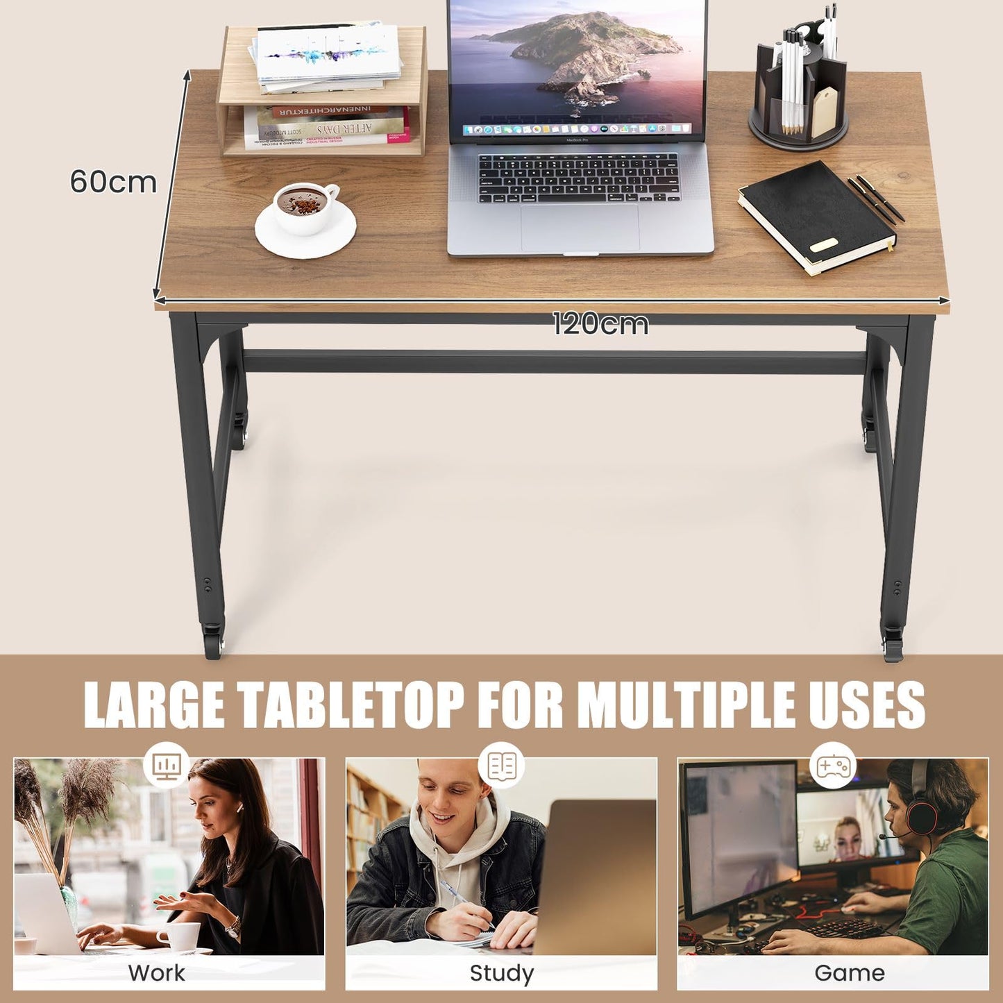 Rolling Computer Desk, 120cm Metal Frame Writing Desk with Wheels