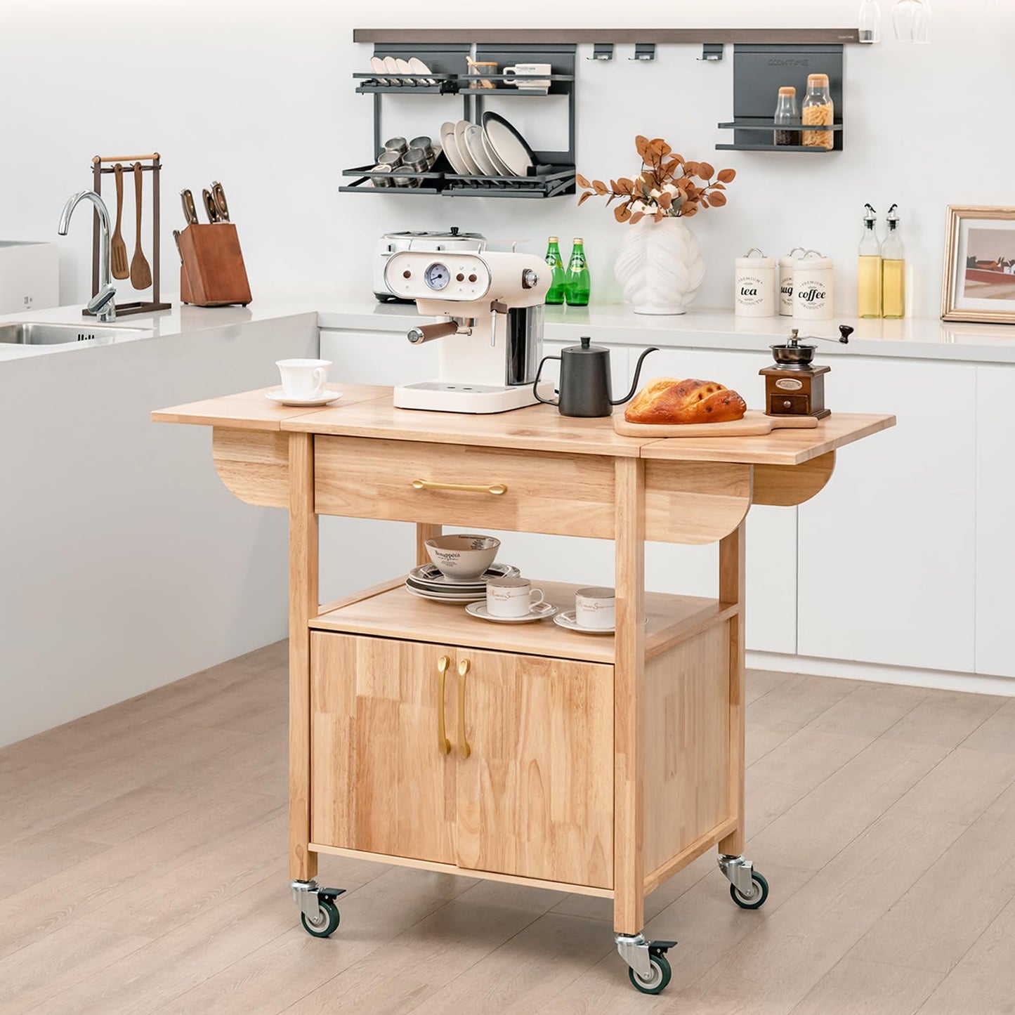 GiantexUK Kitchen Island on Wheels, Rolling Serving Trolley with Large Drawer, Open Shelf