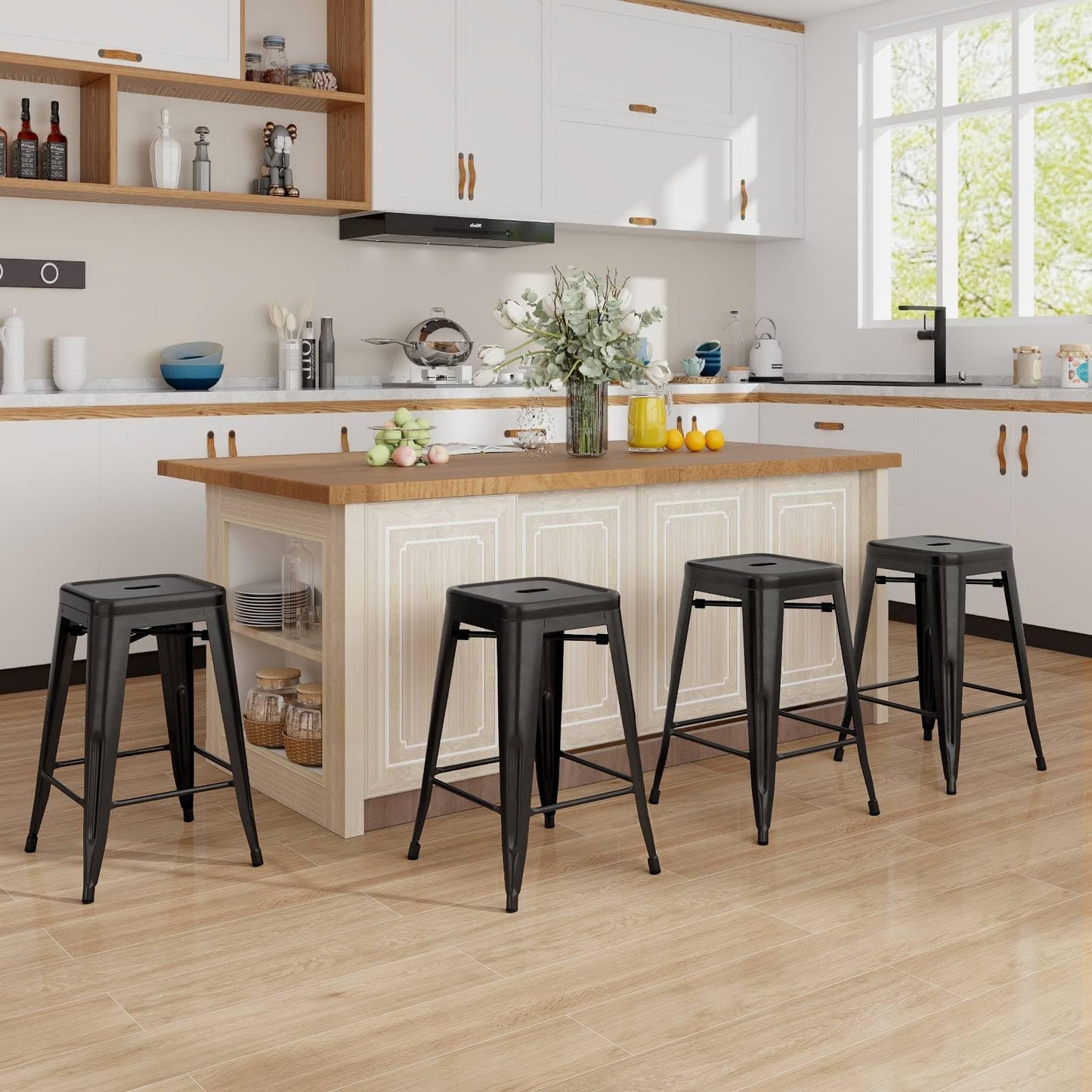 GiantexUK Bar Stools Set of 4, 61CM Seat Height Stackable Metal Kitchen Chairs with Handles (61CM High without Back)