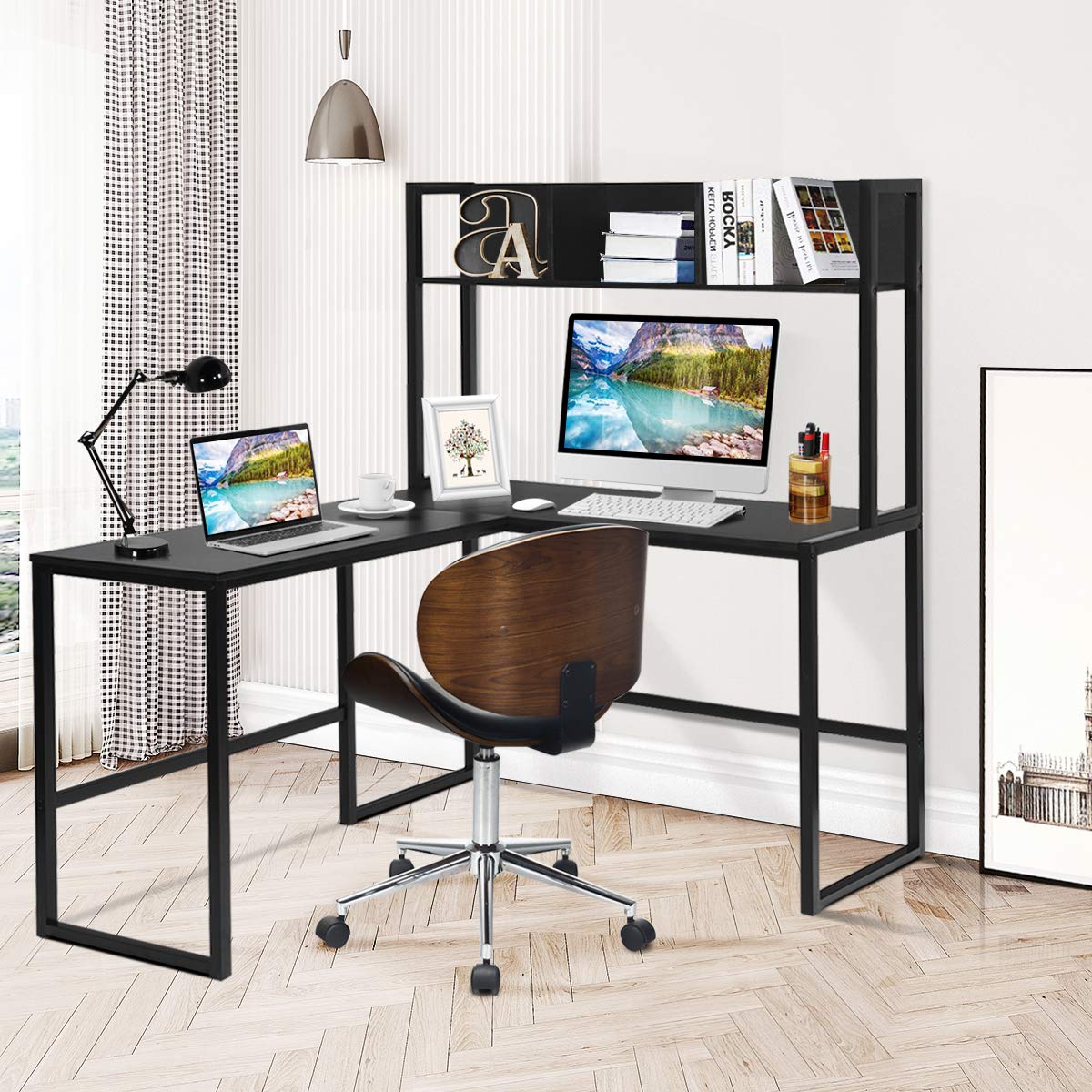 L-Shaped Computer Desk, Industrial Large 2-Person Corner Writing Workstation PC Laptop Table