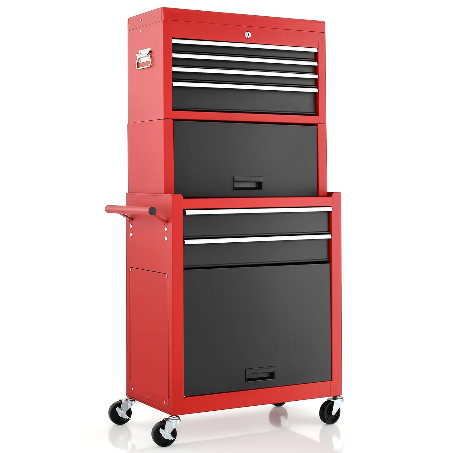 GiantexUK Tool Cabinet, 2 in 1 Lockable Metal Tool Chest with Removable Top Cabinet, Wheels, 6 Drawers (with Middle Toolbox)