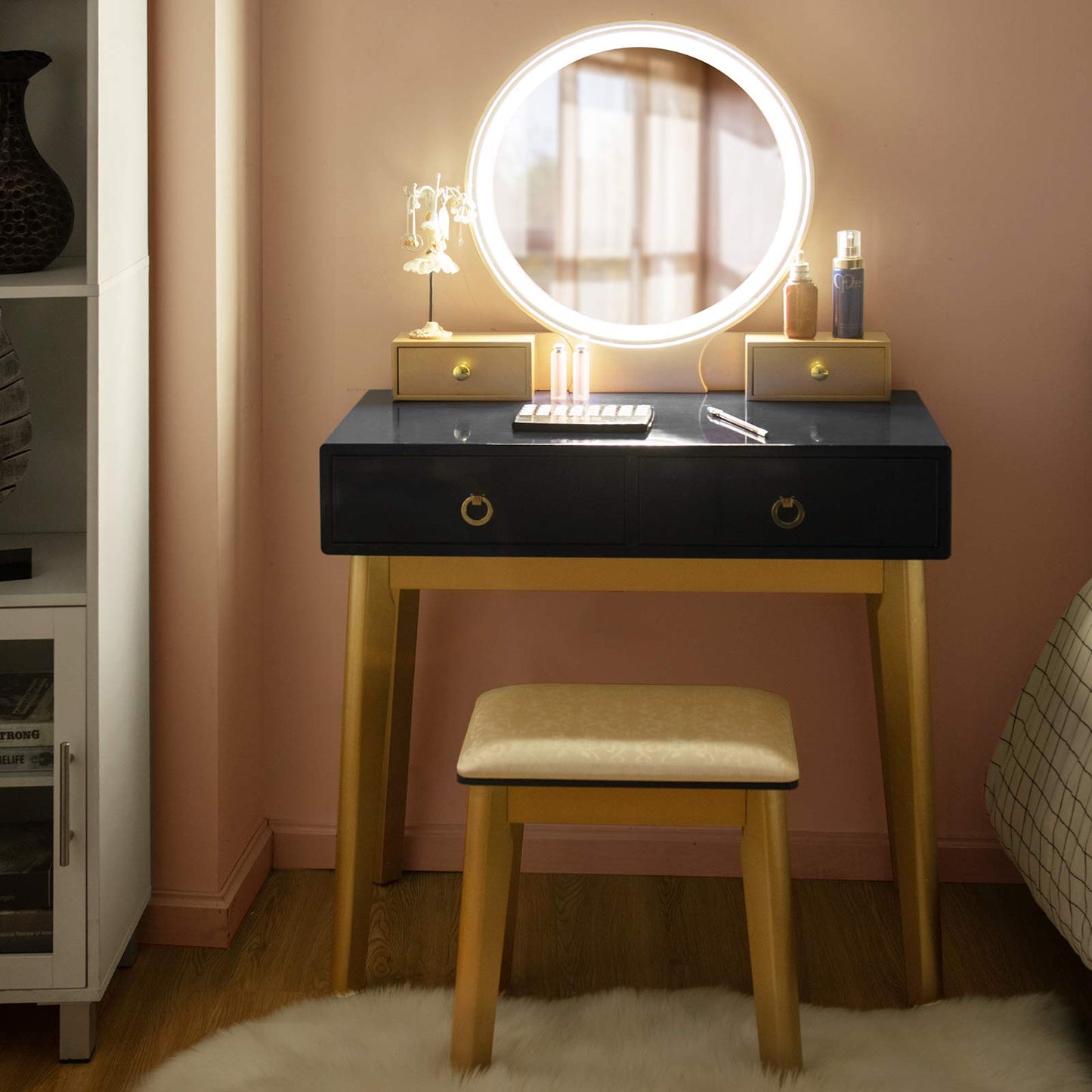 Dressing Table Set with LED Lights and Mirror, Detachable Makeup Dresser Table Stool (Black)