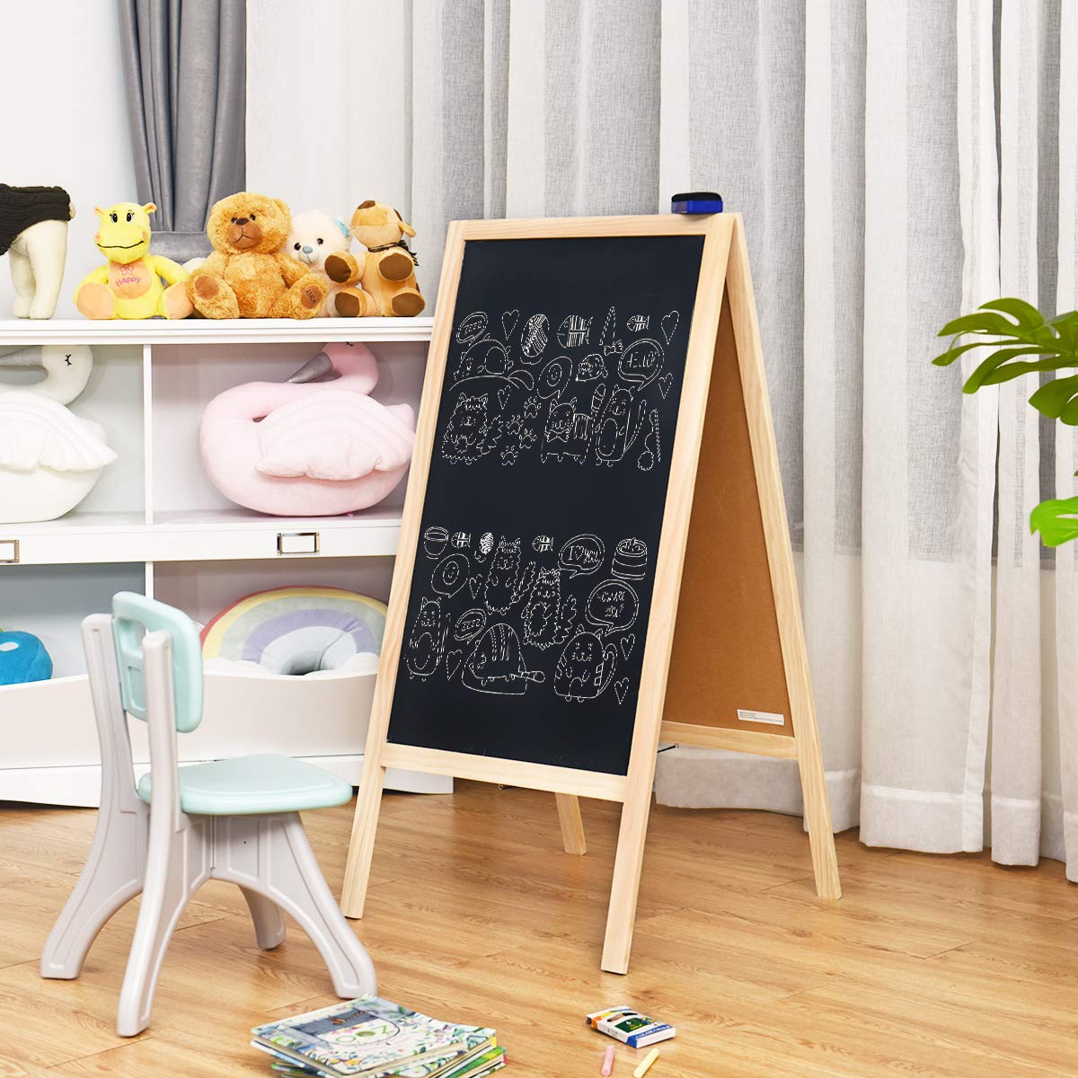 GiantexUK A Frame Magnetic Chalkboard, 98x50cm Double Sided Blackboard with Eraser & Colored Chalks