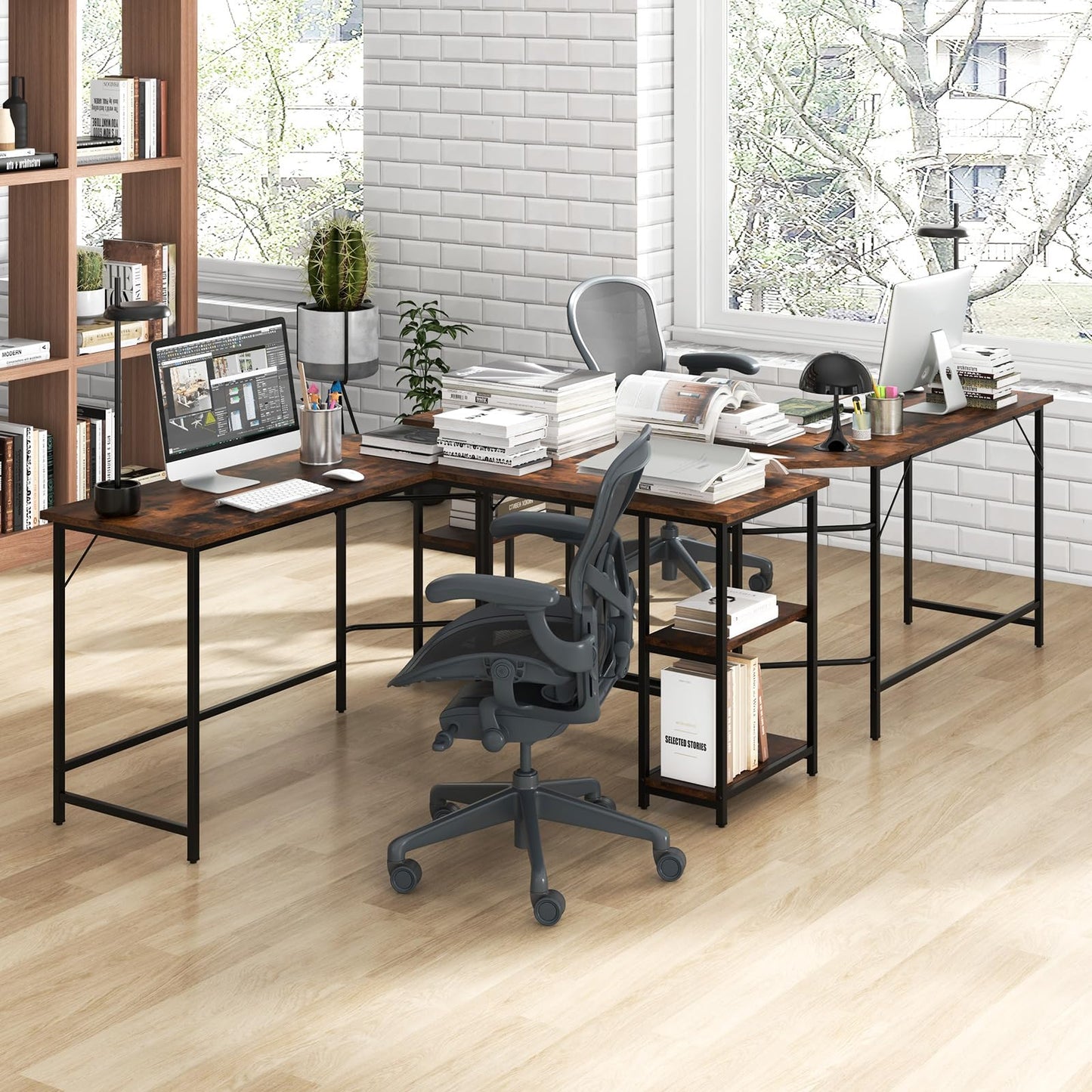 L-shaped Computer Desk, Steel Frame Office Desk Corner Writing Desk with Storage Shelves