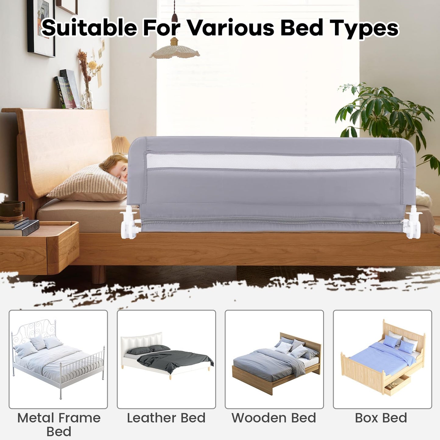 Bed Rail for Toddlers, 120cm Foldable Safety Beds Guard with Strap