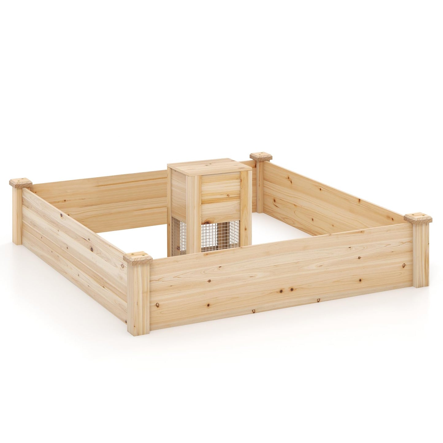 GiantexUK 300L Raised Garden Bed, Wooden Garden Planter Box with Compost Bin & Open Bottom, 124 x 124 x 26cm