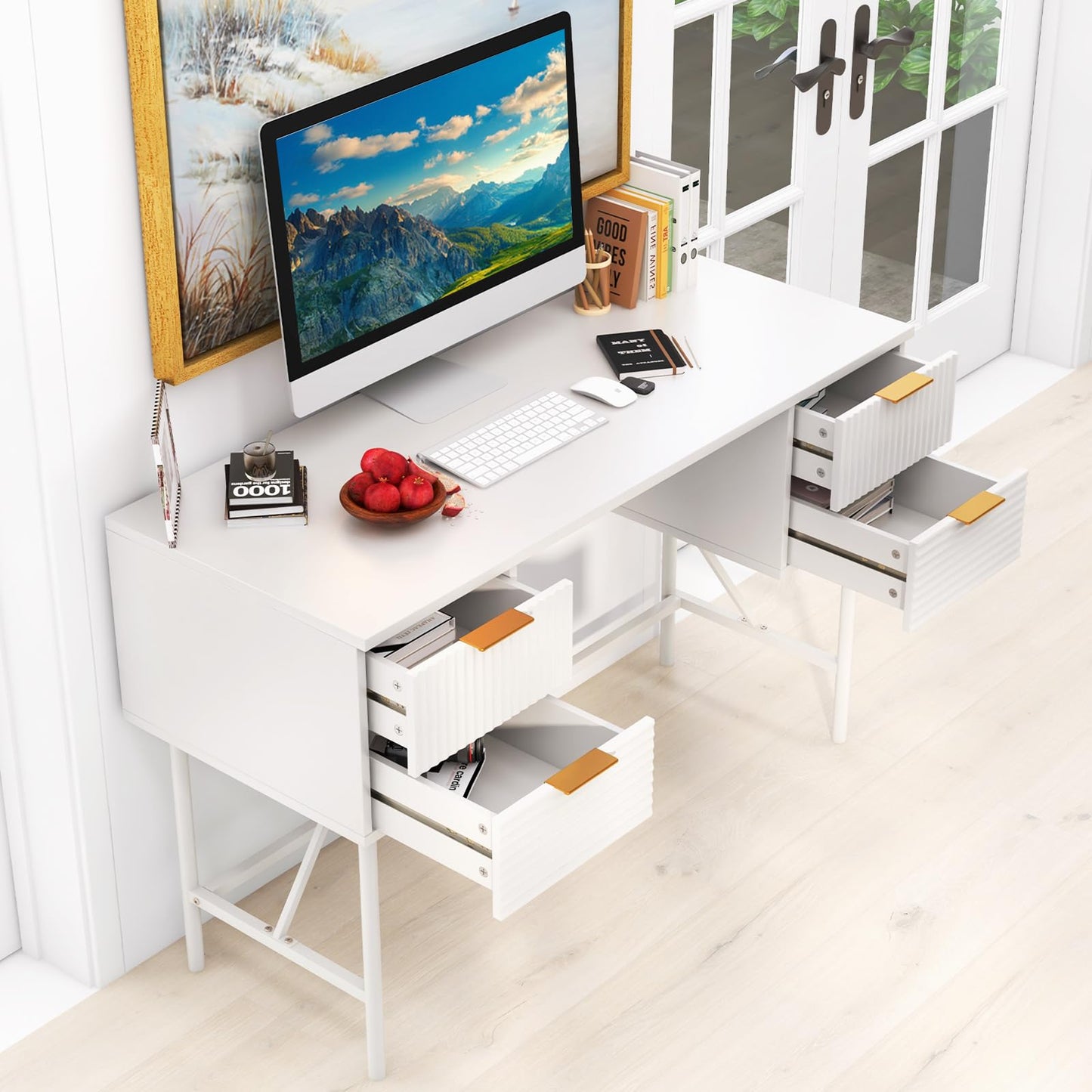 Computer Desk with 4 Drawers, 120cm Home Office Study Table Writing Workstation, Modern PC Laptop Table Working Desk, White