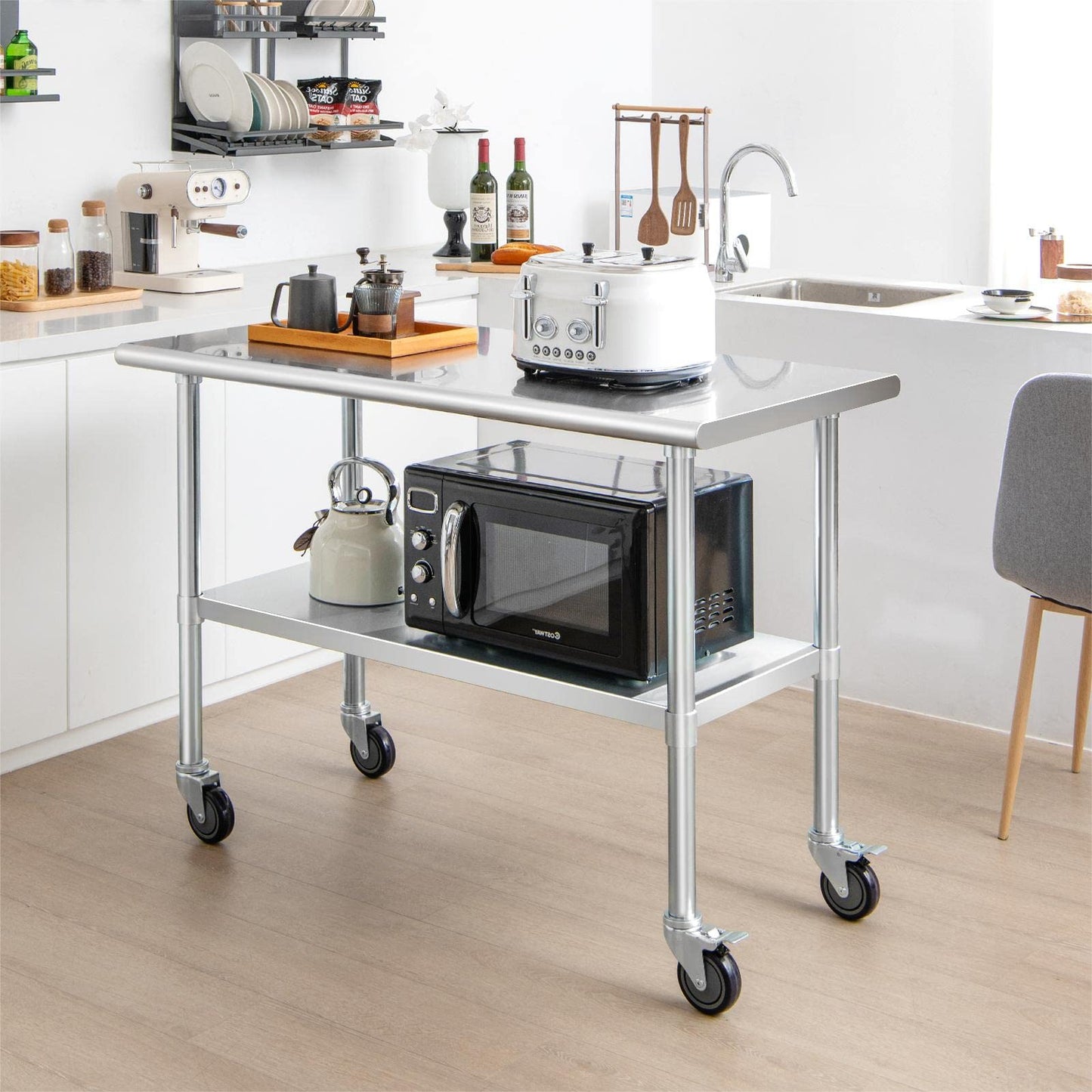 GiantexUK Stainless Steel Catering Table, 122 x 61 x 89 cm Rolling Commercial Work Table with 4 Wheels & Flexible Adjustment Shelf