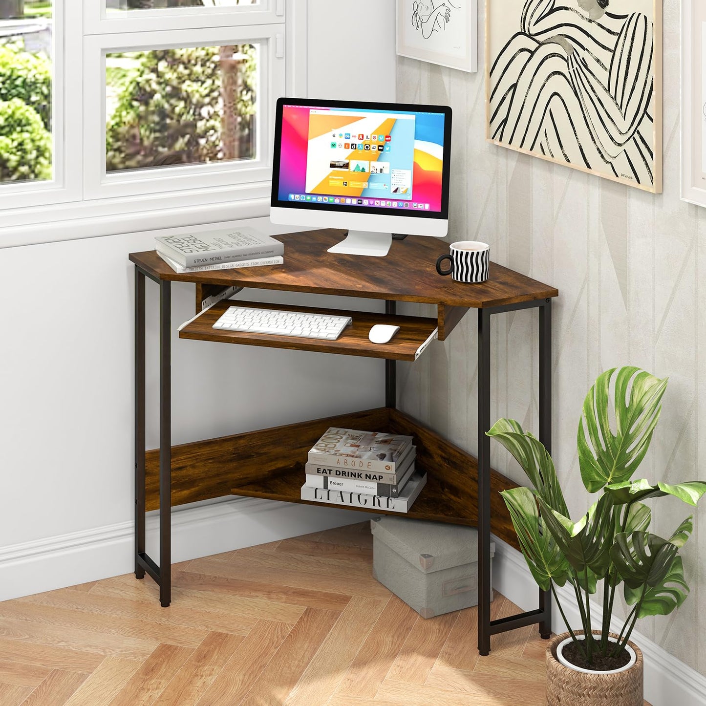 Corner Computer Desk, Triangle PC Laptop Table with Power Outlet and Storage Shelf, Brown, with Keyboard Tray