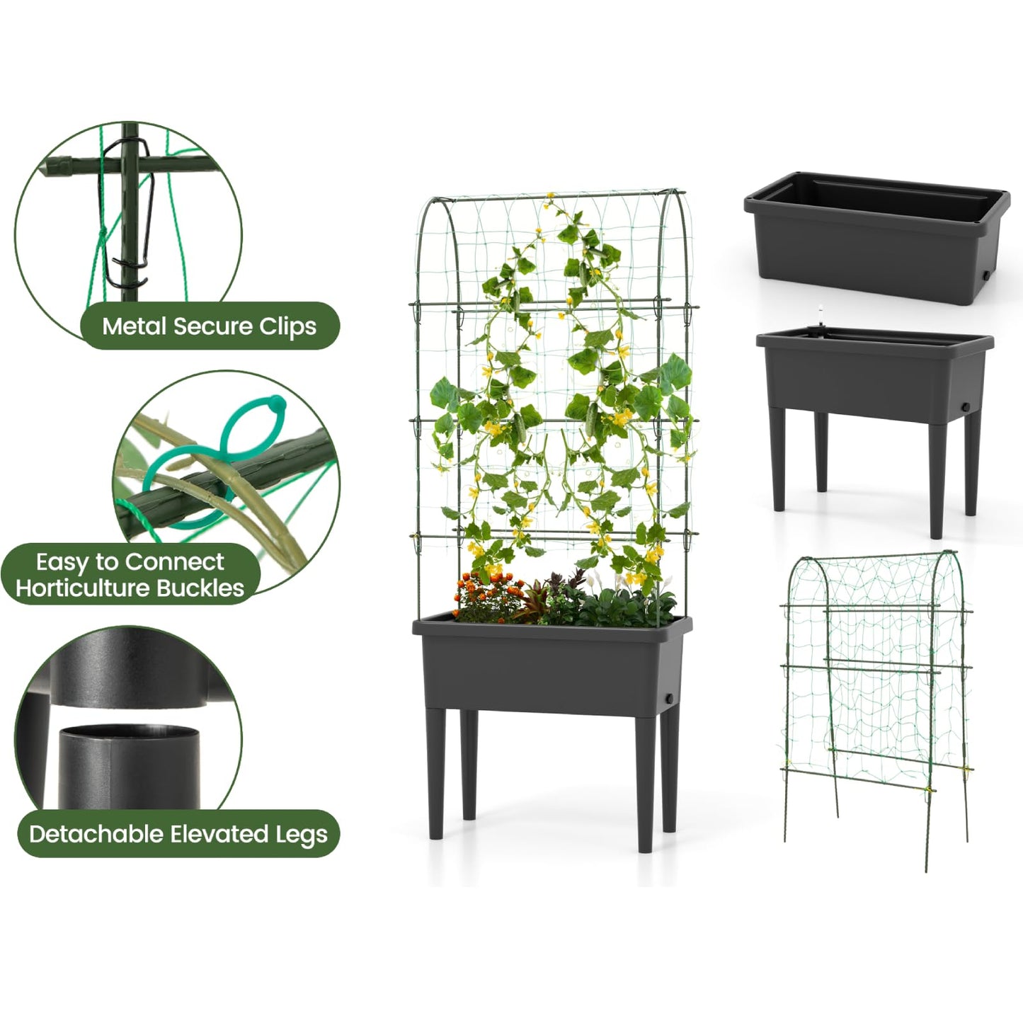 GiantexUK Raised Garden Bed with Detachable Trellis, Wooden Garden Planter Pox with Removable Legs, Self Watering & Drainage System