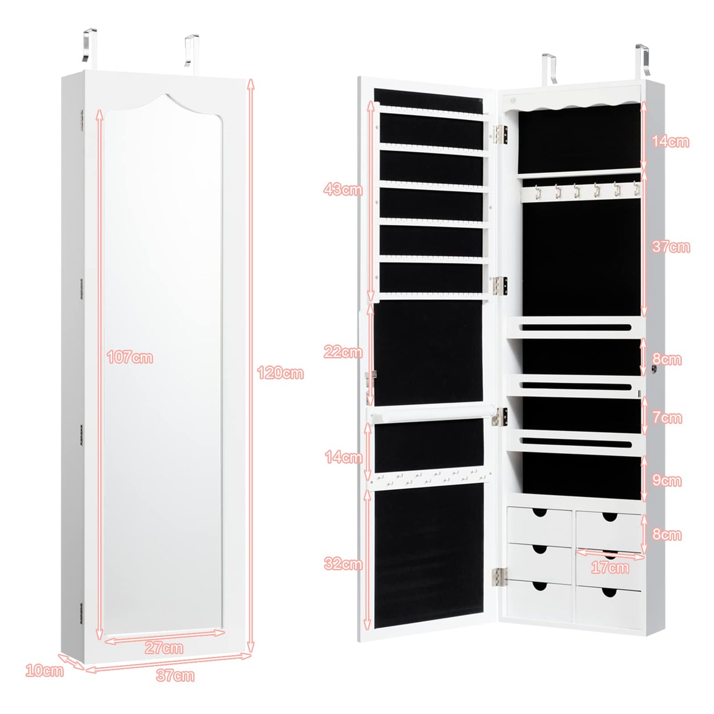 Wall & Door Mounted Jewellery Cabinet, 5 LED Lighted Lockable Jewelry Armoire with Full-Length Mirror