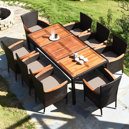 GiantexUK Outdoor 7/9 Pieces Rattan Dining Set, Patio Wicker Furniture Set with Acacia Wood Tabletop & Cushions