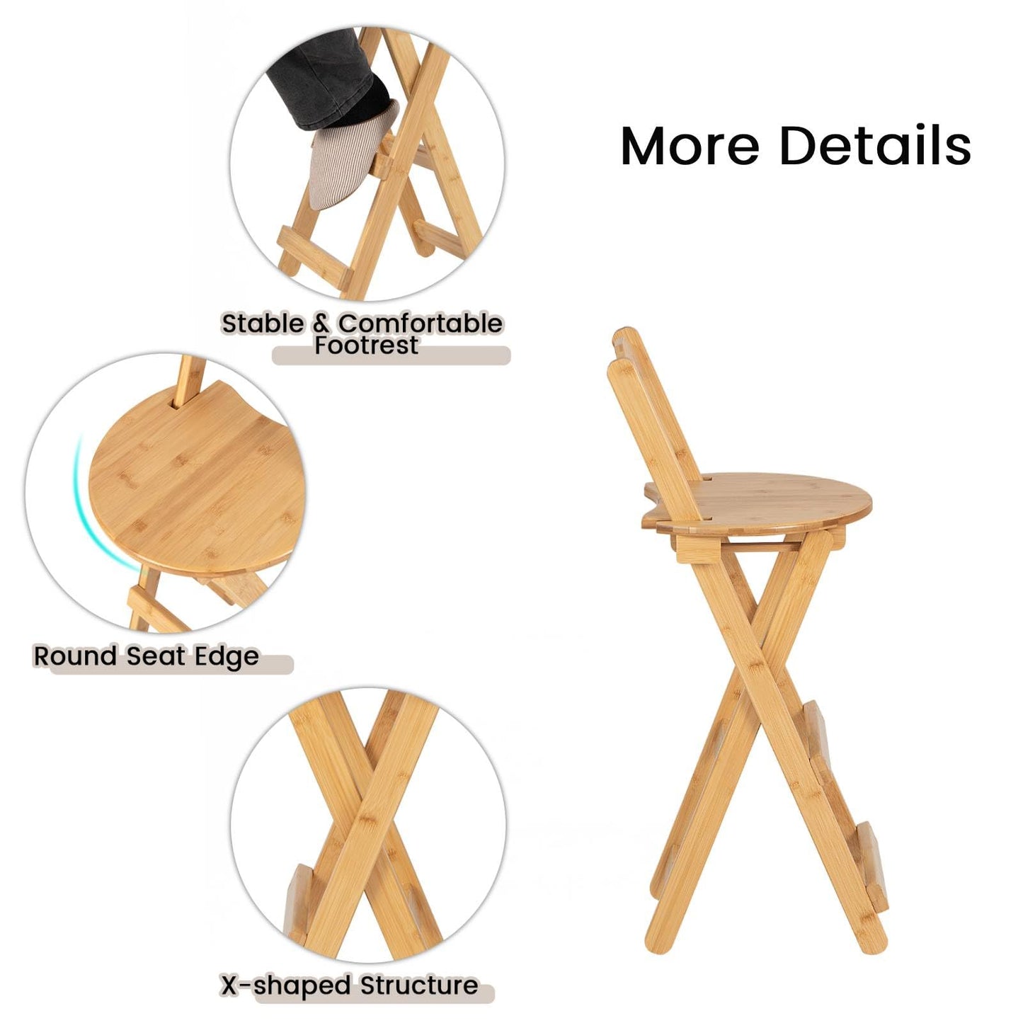 GiantexUK Folding Bar Stools Set of 2, Bamboo Kitchen Stools with Footrest (with Backrest, 36 x 36 x 84cm)