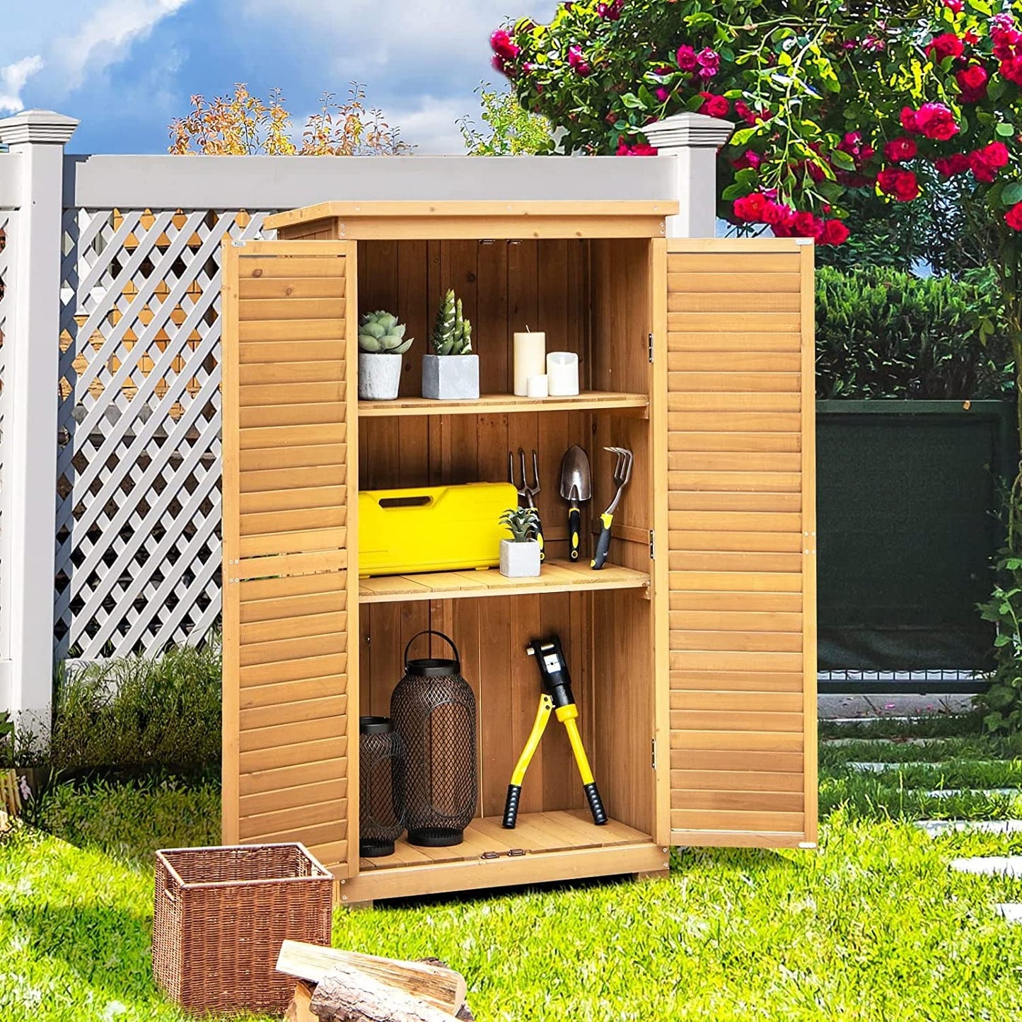 GiantexUK Wooden Garden Shed, Outdoor Tool Storage Cabinet with 3 Removable Shelves