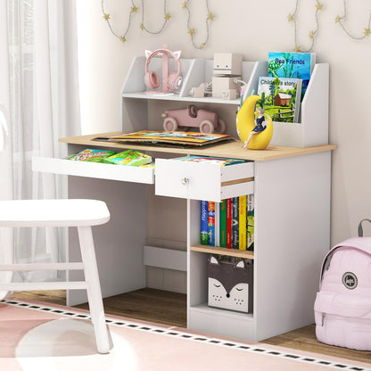 Kids Study Desk, Wooden Children Table with Drawer, Shelves, Hutch, Keyboard Tray