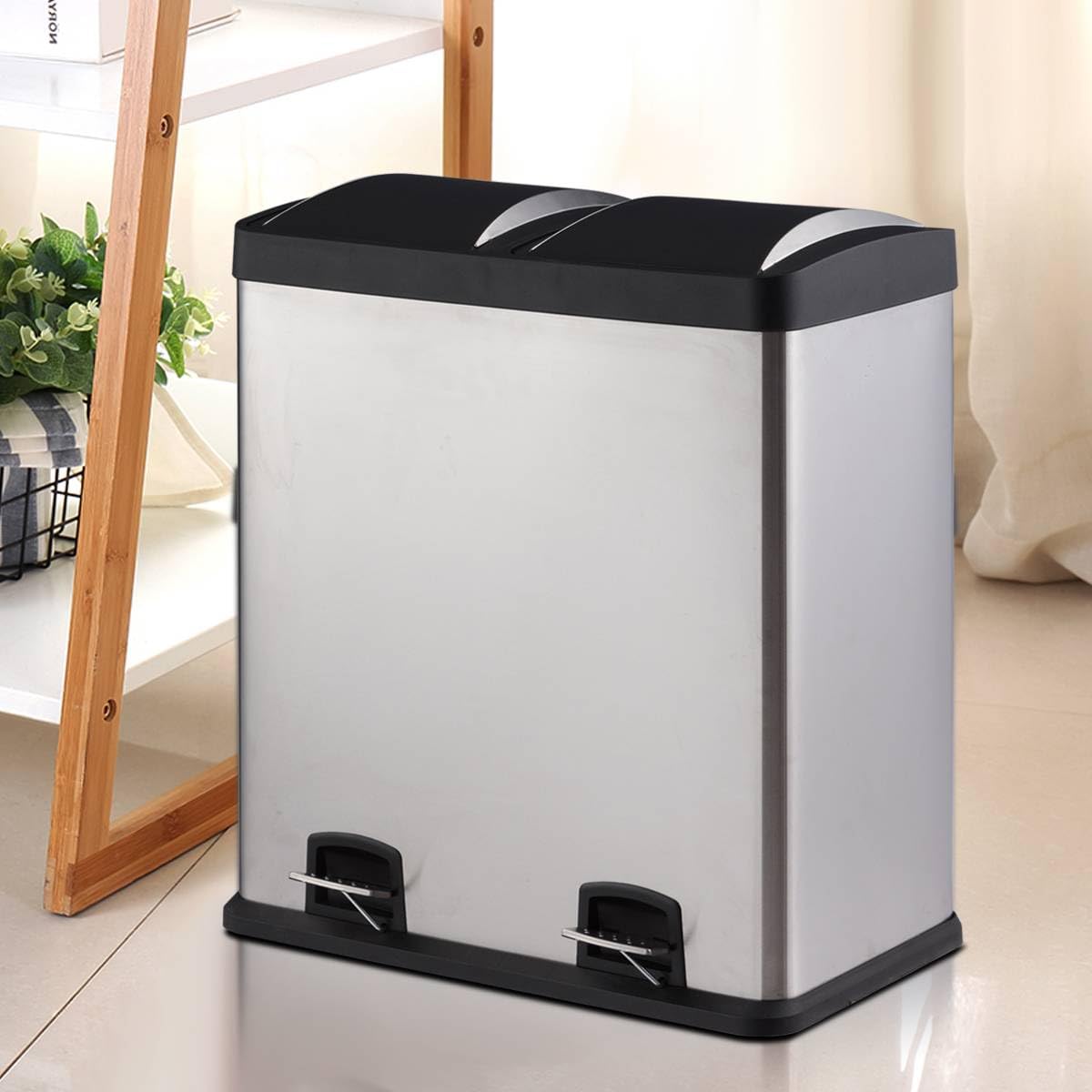 GiantexUK 60L Recycling Pedal Bin, 2x30L Stainless Steel Kitchen Trash Can with 2 Detachable Inner Buckets & Handles