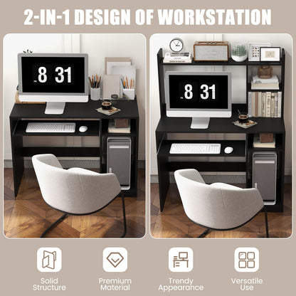 Computer Desk with Storage Bookshelf, Wooden Writing Table Workstation with USB Charging Station (Black)