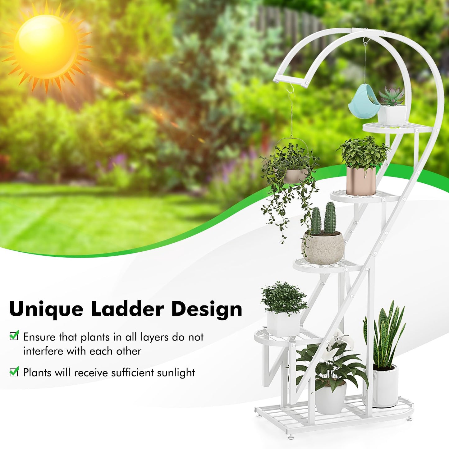 5-Tier Tall Plant Stand, 2-Pack Heart-shaped Ladder Plant Shelf with Hanging Hooks and Adjustable Foot Pads