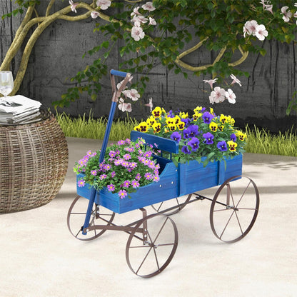 GiantexUK Wooden Wagon Garden Planter, Flower Cart with Long Handle and Flexible Wheels