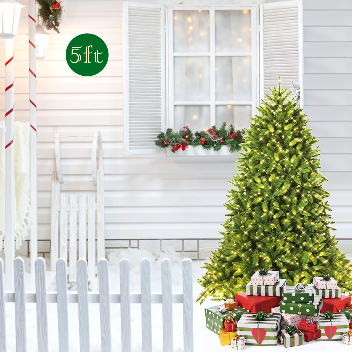 5FT Pre-lit Christmas Tree, Artificial Green Xmas Trees with 8 Lighting Modes, Foldable Metal Stand